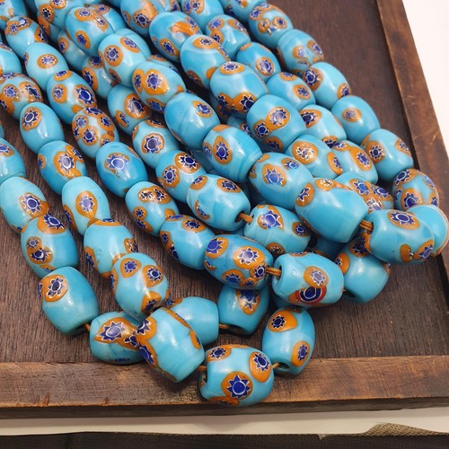 Vintage venetian style millefiori beads - deep blue floral mosaic strand