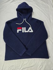 FILA Sherpa Fleece Hoodie Navy Blue Big Logo Pullover Women s XXL Cozy Soft