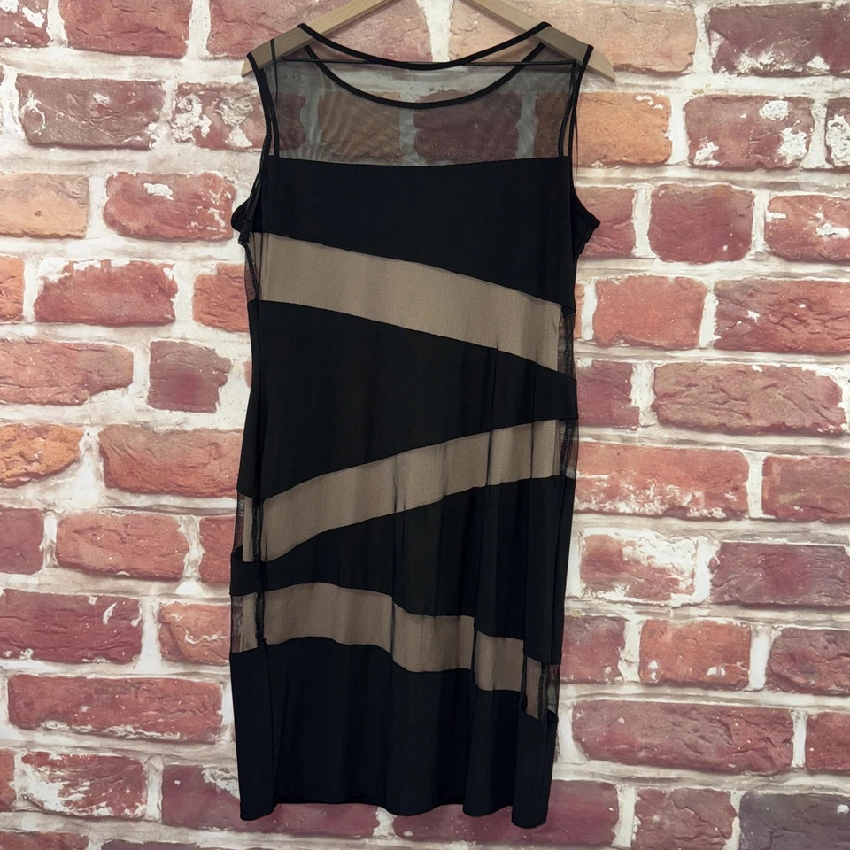 Vestido R&M Richards para mujer 12P negro tostado rayas abstracto malla transparente cremallera Foto 2 de 4