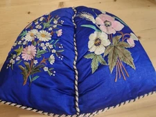 Antique Victorian hand embroidered silk tea cosy c1880 floral hand stitching