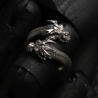 Double Dragon Open Ring Jewelry Loong Nāga Lindwurm Adjustable Resizable