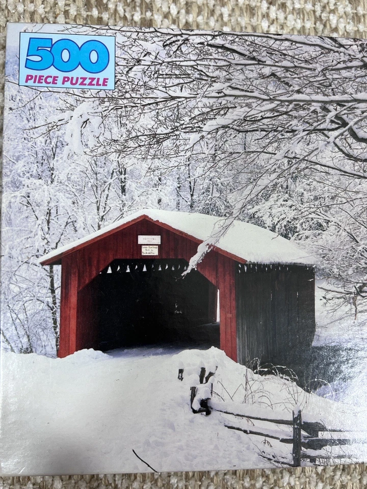 2 винтажных золотистых взаимосвязанных пазла из 500 предметов мост, покрытый снегом зимой - Изображение 3 из 4