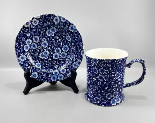 Vintage Staffordshire England Blue Calico Floral Coffee Mug and Saucer Set