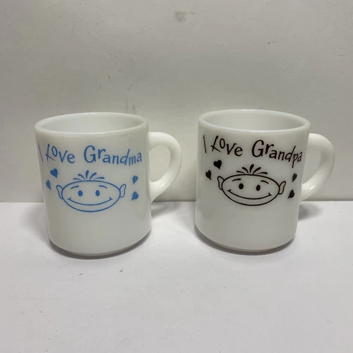 Vintage Set of 2 White Milk Glass Coffee Mug Tea Cup I Love Grandma Grandpa 
