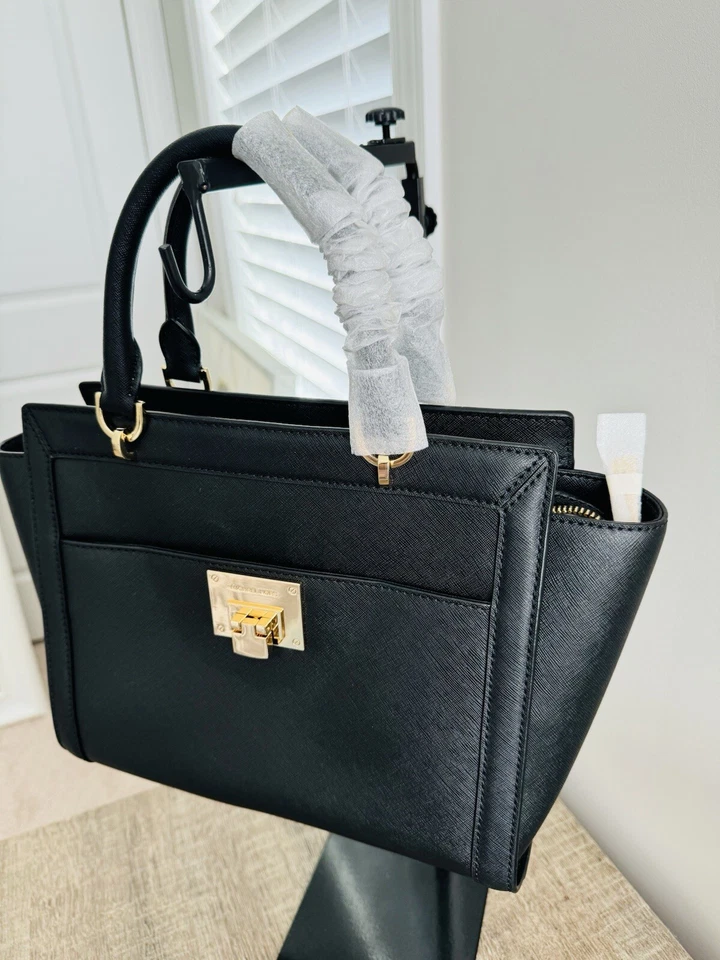 Nuevo con etiquetas Bolso de Mano Michael Kors MK Tina Cuero Grande Asa Superior Negro Dorado Foto 3 de 4