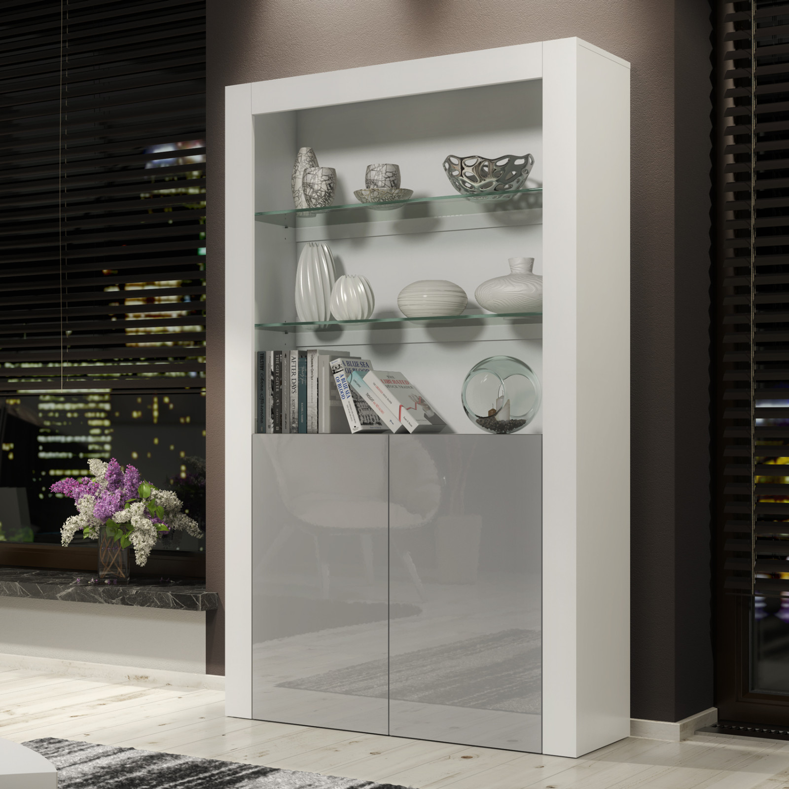 Display Cabinet Bookshelf Glass Cabinet Grey Gloss Living Room Storage 170cm