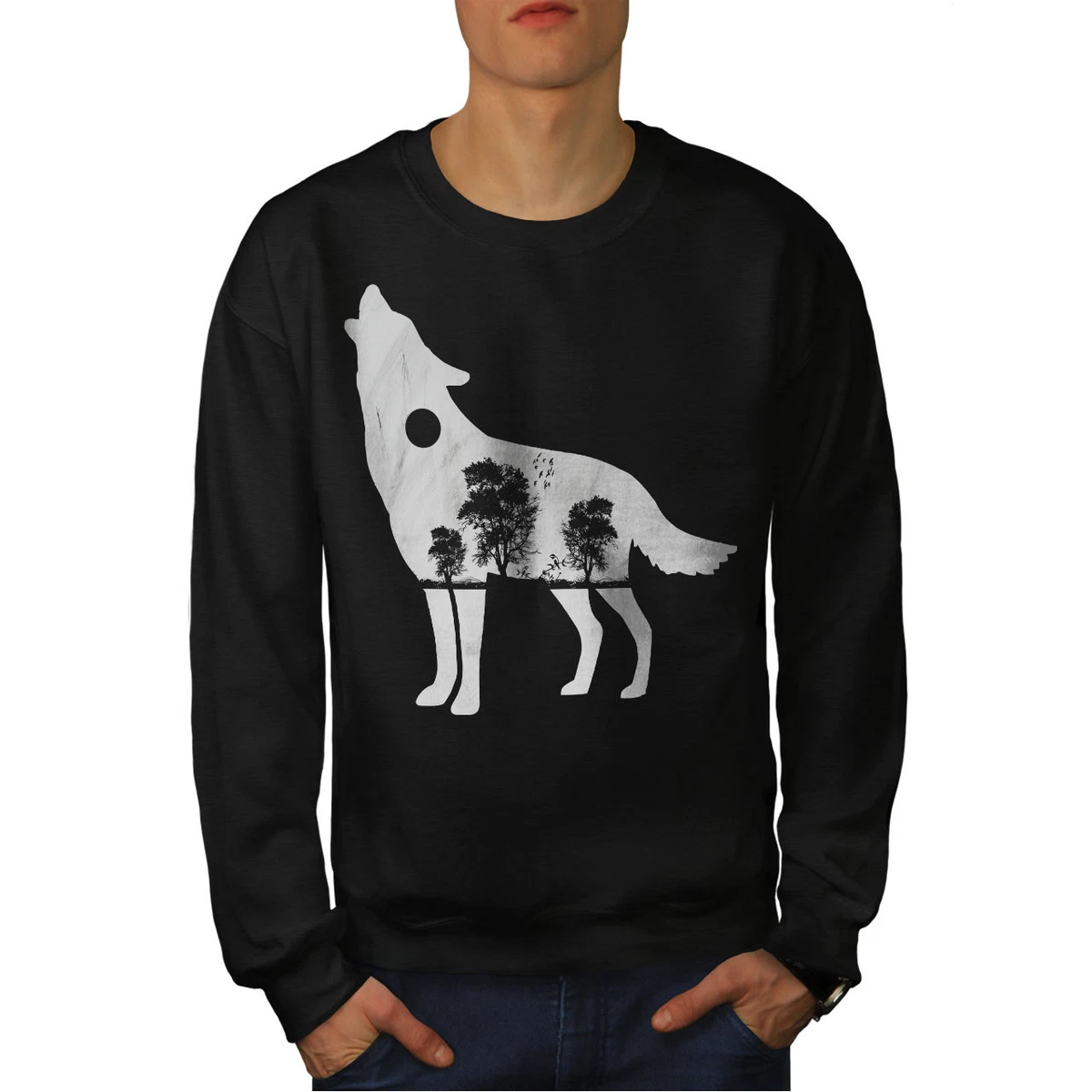 Wellcoda Wolf Forest Animal Mens Sweatshirt Tree Casual Pullover Jumper