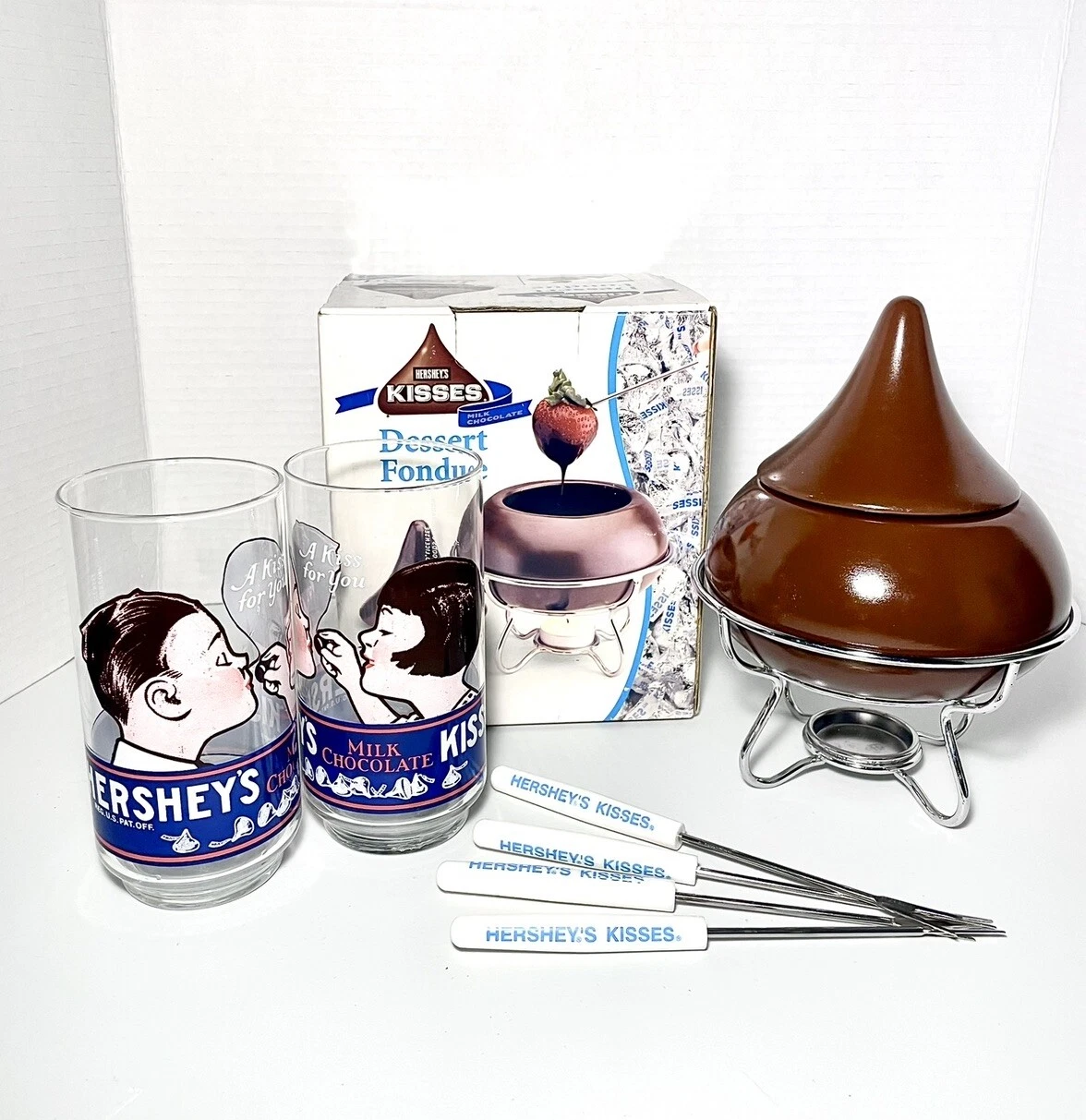 Hershey’s Kisses Milk Chocolate Fondue Set Vtg Libbey Glasses A Kiss for You
