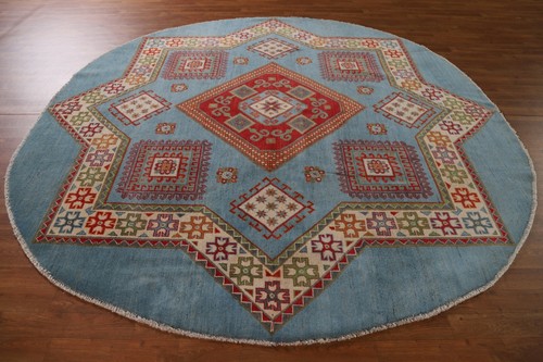 Geometric Kazak Blue Round Area Rug 8x8 Wool Hand-knotted Oriental Carpet - Picture 8 of 12