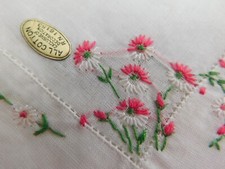 Vintage Hankie with Dainty Embroidered Pink Flowers Original Sticker H300