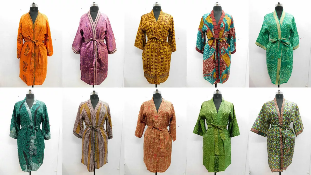 10 Pcs Wholesale Lot Women Wear Kimono Vintage Silk Sari Bathrobe Dressing Gown