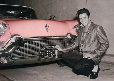 Elvis Presley Crouches Before His Pink Cadillac, Car, Memphis, TN --- Postcard