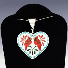 NATIVE AMERICAN ZUNI STERLING SILVER & INLAY CARDINAL PENDANT BY QUINTIN QUAM