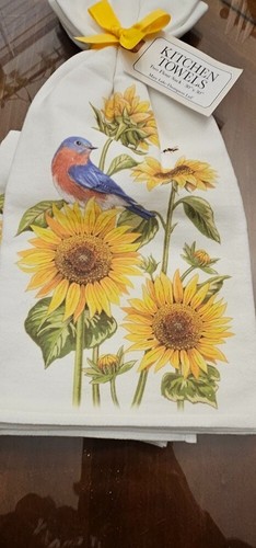 NEU 2 Küche Geschirrtücher Eastern Bluebird auf Sonnenblumen 100% Baumwolle - Bild 2 von 6