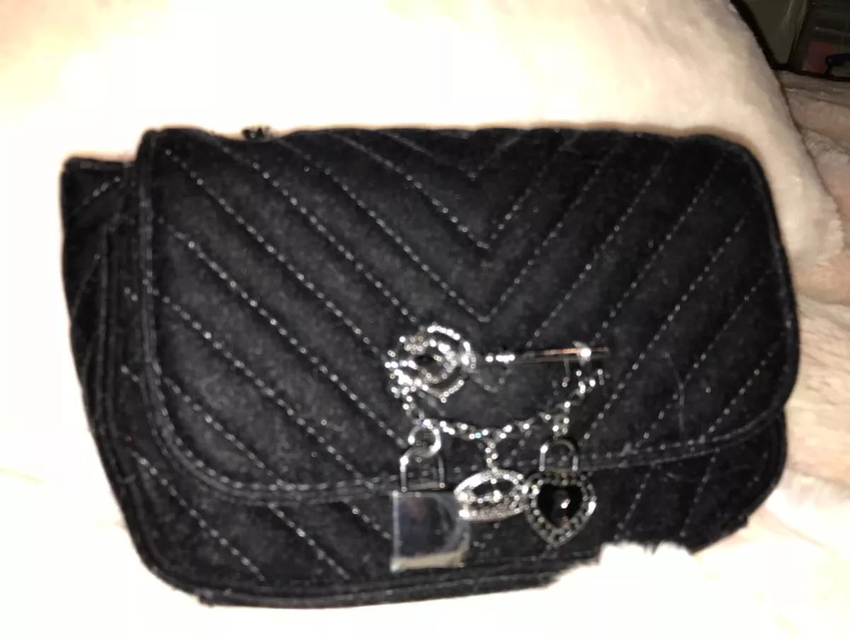 Aldo Black Velvet Crossbody Shoulder Handbag metal charm