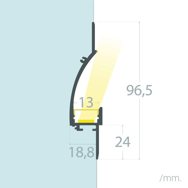Perfil de aluminio empotrado para techo de yeso/estuco 2m para tiras LED de hasta 12 mm