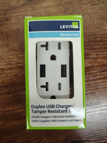 Leviton T5832-BW 20-Amp USB Charger Outlet – Tamper Resistant, White, Duplex