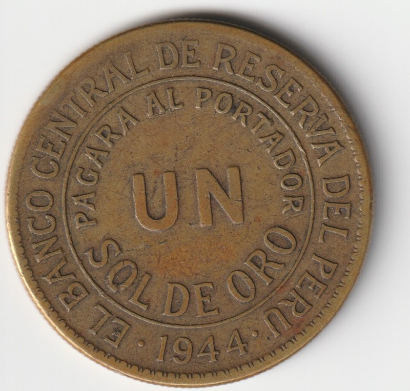 1944 Peru Sol KM# 222 Un Sol De Oro, This Brass coin weighs 14 g, 33 mm diameter