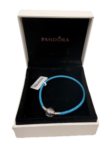 Pandora Seashell Clasp Turquoise Braided Leather Bracelet 598951C01-S2  W/ Charm