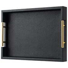 Black Rectangle Serving Tray with Gold Handles for Party,Large Wood Decorativ...