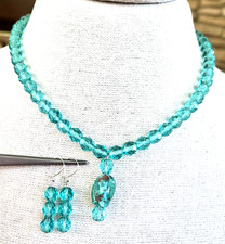 Aquamarine Crystal  Turquoise Lampwork Bead Y Necklace  Pierced Earrings Set