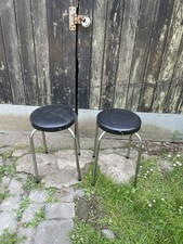 Vintage Retro Black and Chrome Leatherette Pair of Stools Stacking Seats