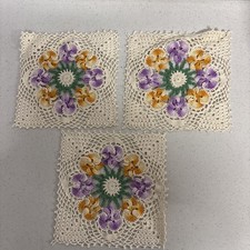 Vintage Pansy Motif Hand Crocheted Doily Set of 3