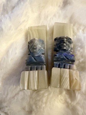 Carved Stone Art Deco Figural Bookends, Polished Banded Beige Gray Blue