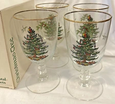 Spode Christmas Tree Pedestal Goblets 16oz Gold Rim Set of 4 Have Additionals
