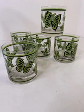Vintage Georges Briard Lowball Rocks Glasses Old Fashion Green Butterfly Set 5