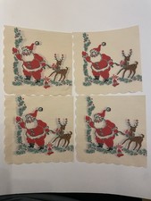 Vintage Crepe Paper Christmas Napkins, Set Of 4, Santa, Rudolph, Scalloped