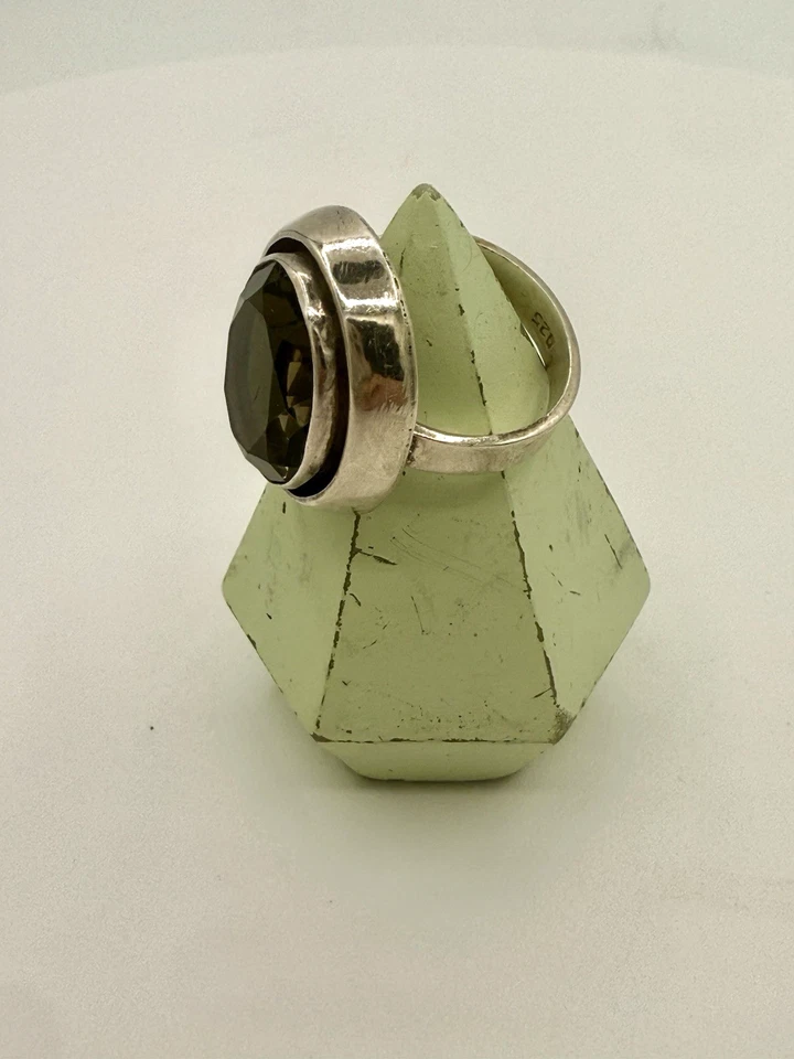 Vintage Modernist Smoky Quartz Sterling Silver Statement Ring Oval 925 - SZ 7.25 - Image 4 of 4