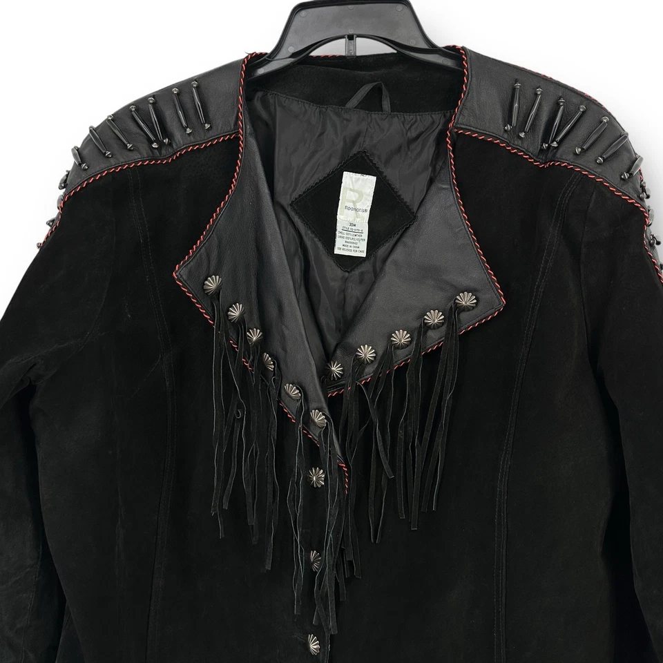 Chaqueta de cuero de gamuza con flecos occidentales Roamans para mujer talla grande 30 W negra roja Foto 2 de 4