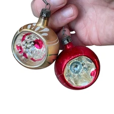 Lot Of 2 Vintage Glass Assorted Ornaments Indents 1.75" Round Red Gold Small