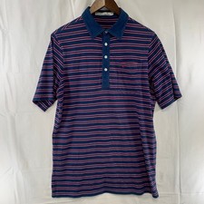 Criquet Polo Shirt Mens M Blue Red Striped Organic Cotton Short Sleeve Pocket