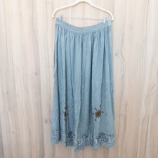 Women Embroidered Floral Maxi Skirt OS Gray Boho Cottage Fairy Hippie Peasant