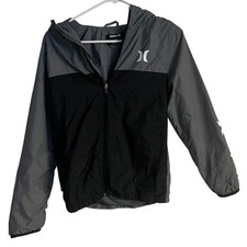 Hurley Logo Youth Jacket Light Weight Zip up Wind Breaker Gray Black Size Large