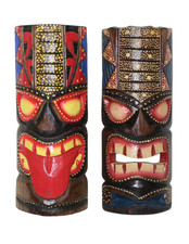 Set of 2 Hawaiian Tiki Masks Hand-Carved Wooden Polynesian Wall Decor 12" Tribal
