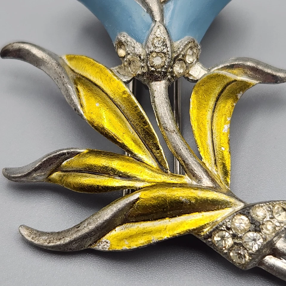 Prendedor de Colección Coro Flor Piel Clip Azul Estrás Amarillo Esmalte Tono Plata SIN FIRMAR Foto 4 de 4