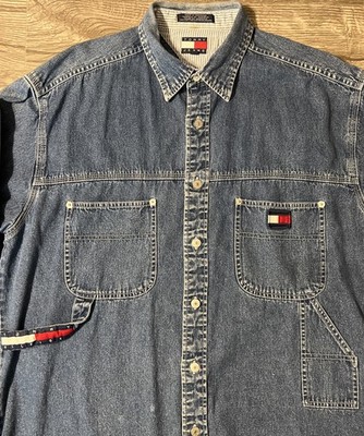 Tommy Hilfiger Carpenter Blue Jean Denim Metal Button Down Shirt Men s Sz Large