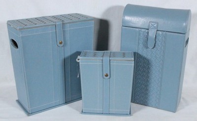 RARE VTG DECORATOR COLLECTION SET OF 3 BLUE FAUX LEATHER STORAGE CONTAINER BOXES