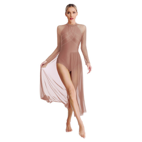 Damen Kostüm Langarm Kleider Modern Kleid Integrierter Slip Turnanzug Netz - Bild 35 von 63