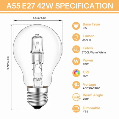 Lampe halogène A55 E27 220V 28W 42W 53W 70W 100W 96x55mm 2700K