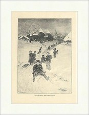 Sullo scivolo Hans Bachmann bambini slitta invernale neve incisione su legno A 1847