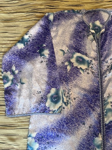 Vintage Moroccan Caftan Blue Floral Satin Kimono Sleeve Traditional Dress - Picture 7 of 9