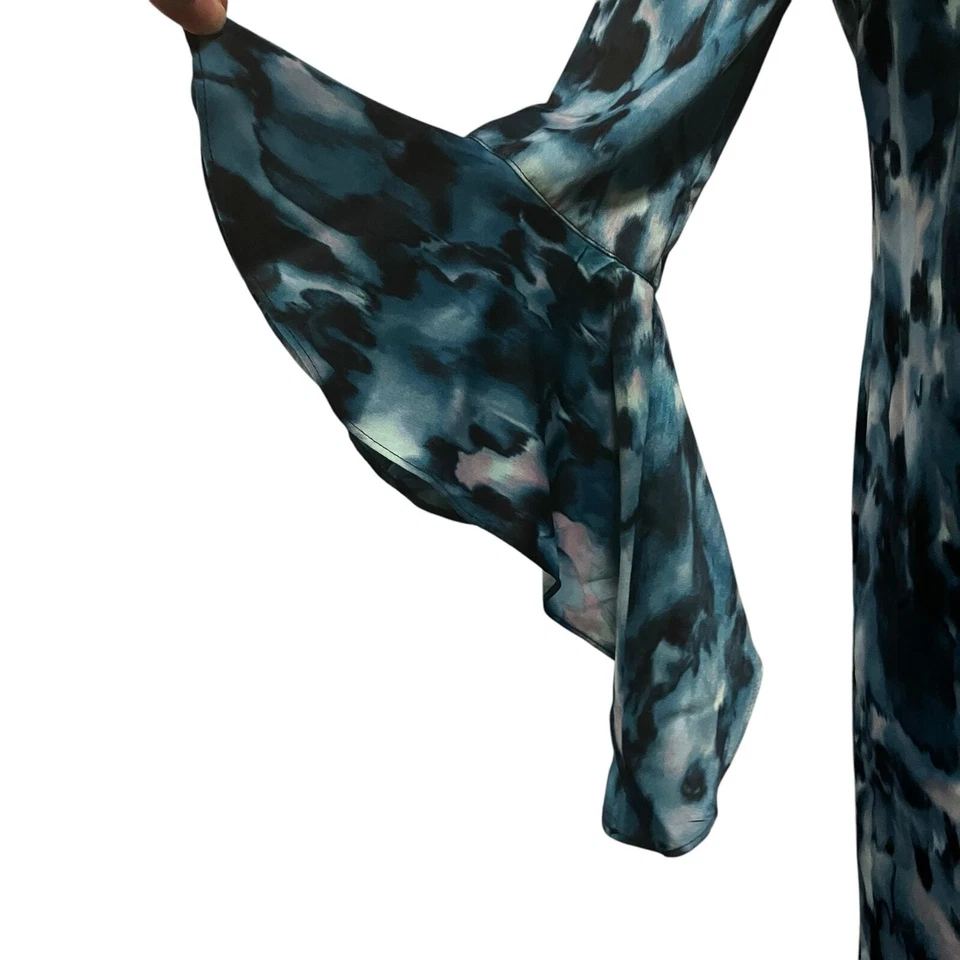 Vestido Bar lll tamanho pequeno azul aquarela bainha manga esvoaçante mini boêmio artístico - Imagem 4 de 4