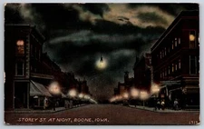 Boone Iowa~Storey Street Night Lights~Downtown Hardware Store~1913 Postcard