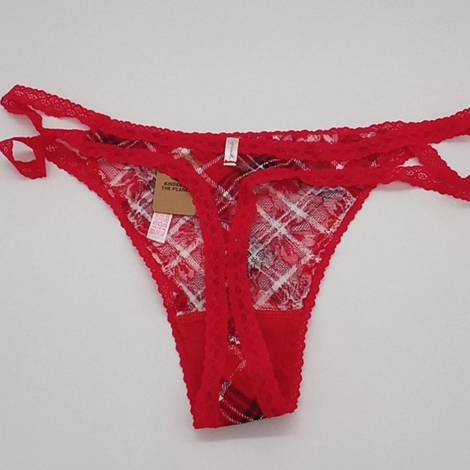 Женские розовые трусики Victorias Secret‎ большие кружевные с ремешками стринги красный перец клетчатые - Изображение 4 из 4