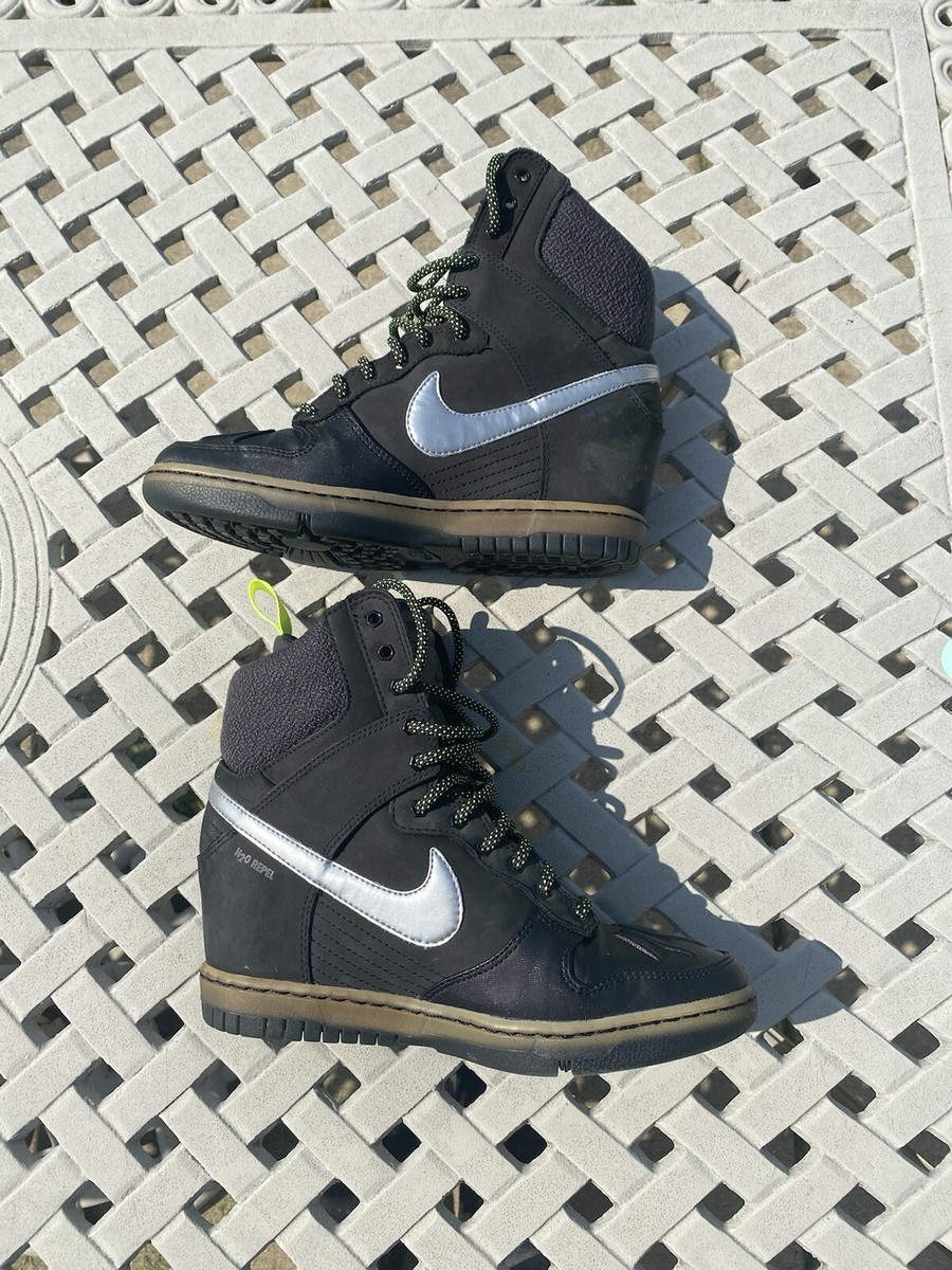 靴 sky 🔥Nike Dunk Sky Hi Lace Up Sneakerboot 2.0 Black Silver Wedge