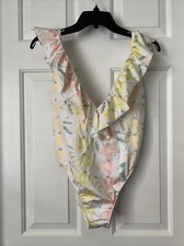 Victoria s Secret PINK Shine Floral Ruffle Deep V Plunge One Piece Swimsuit Sz M